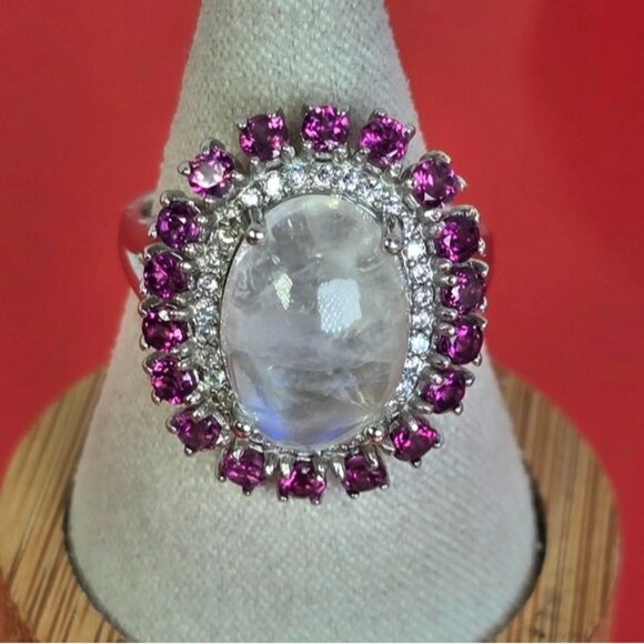 925 Sterling Silver Ring with Natural Moonstone & Rhodolite Garnet Gems - Picture 10 of 12